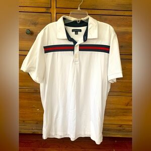 Banana Republic Polo: White Cotton w/Blue/Red Stripe across Chest, XL